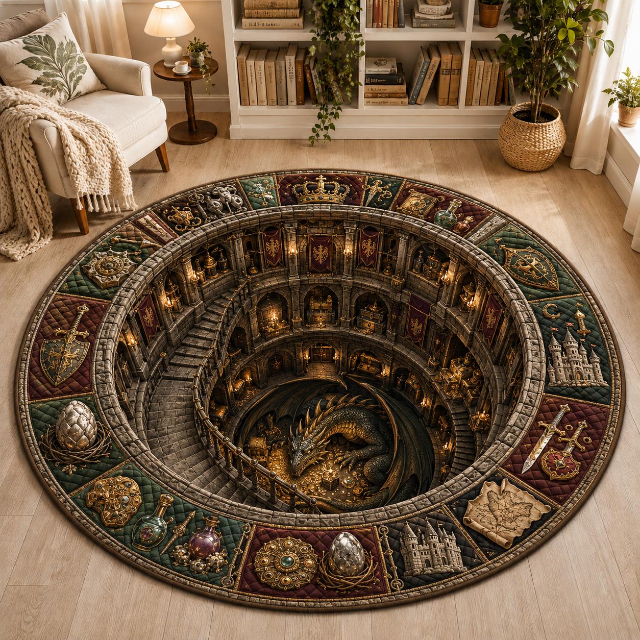3D Illusion Fantasy Dragon Round Rug with Medieval Castle, Gothic RPG Dungeon Lair Floor Mat and Home Decor - photo 7