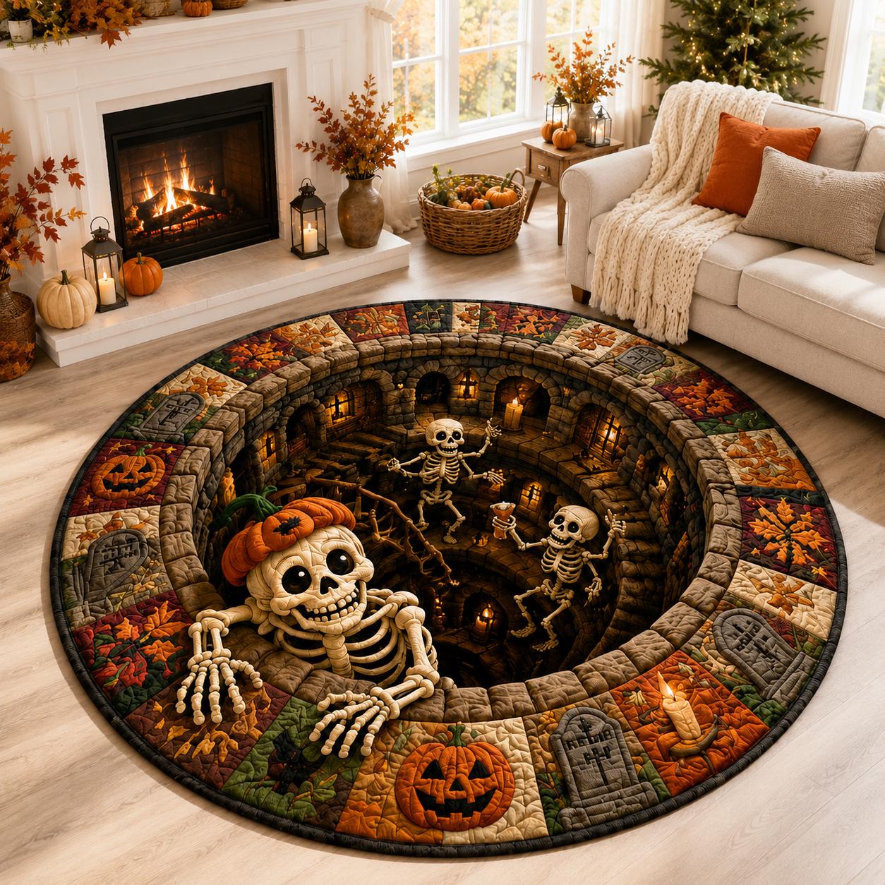 3D Illusion Pumpkin Skeleton Halloween Round Rug, Spooky Haunted Graveyard Cemetery Floor Mat and Home Decor