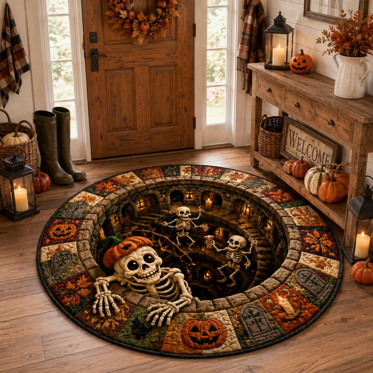 3D Illusion Pumpkin Skeleton Halloween Round Rug, Spooky Haunted Graveyard Cemetery Floor Mat and Home Decor - photo 2