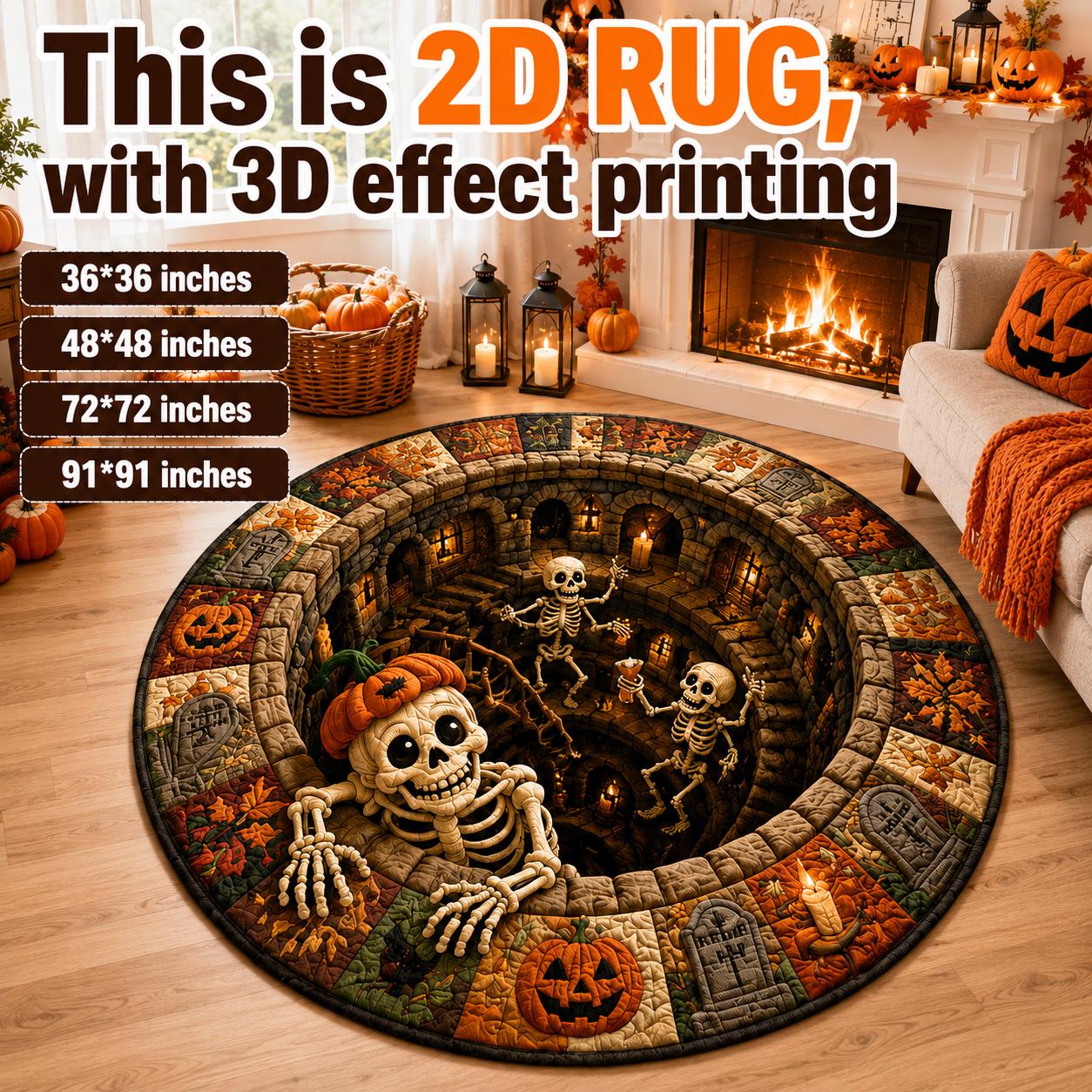 3D Illusion Pumpkin Skeleton Halloween Round Rug, Spooky Haunted Graveyard Cemetery Floor Mat and Home Decor - photo 3