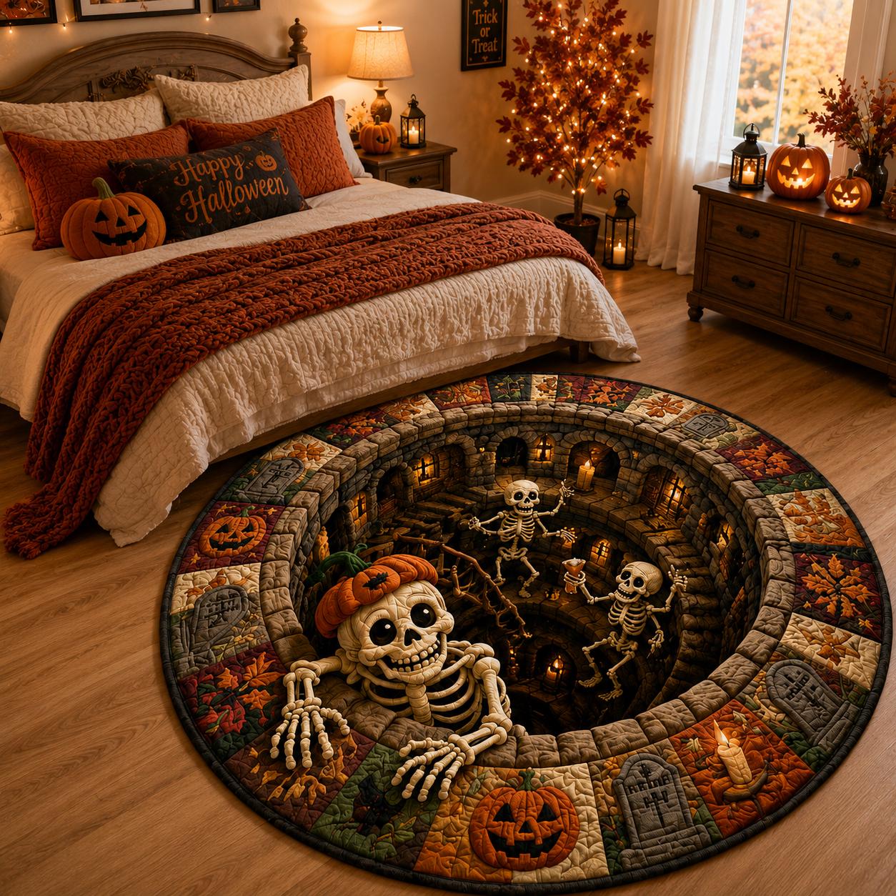 3D Illusion Pumpkin Skeleton Halloween Round Rug, Spooky Haunted Graveyard Cemetery Floor Mat and Home Decor - photo 4