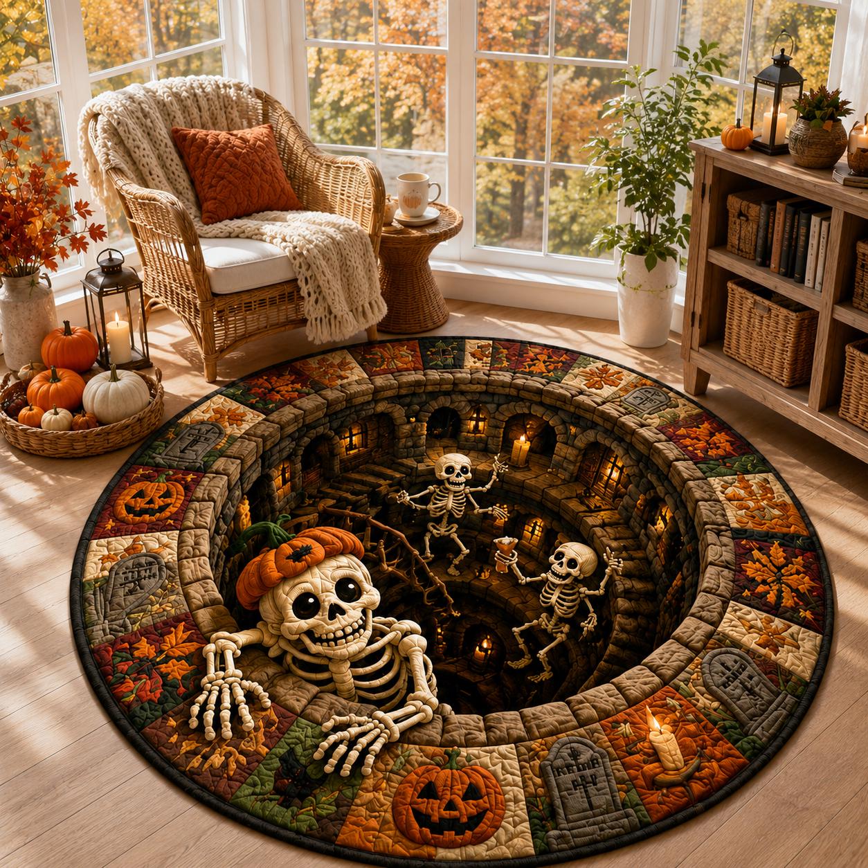 3D Illusion Pumpkin Skeleton Halloween Round Rug, Spooky Haunted Graveyard Cemetery Floor Mat and Home Decor - photo 5