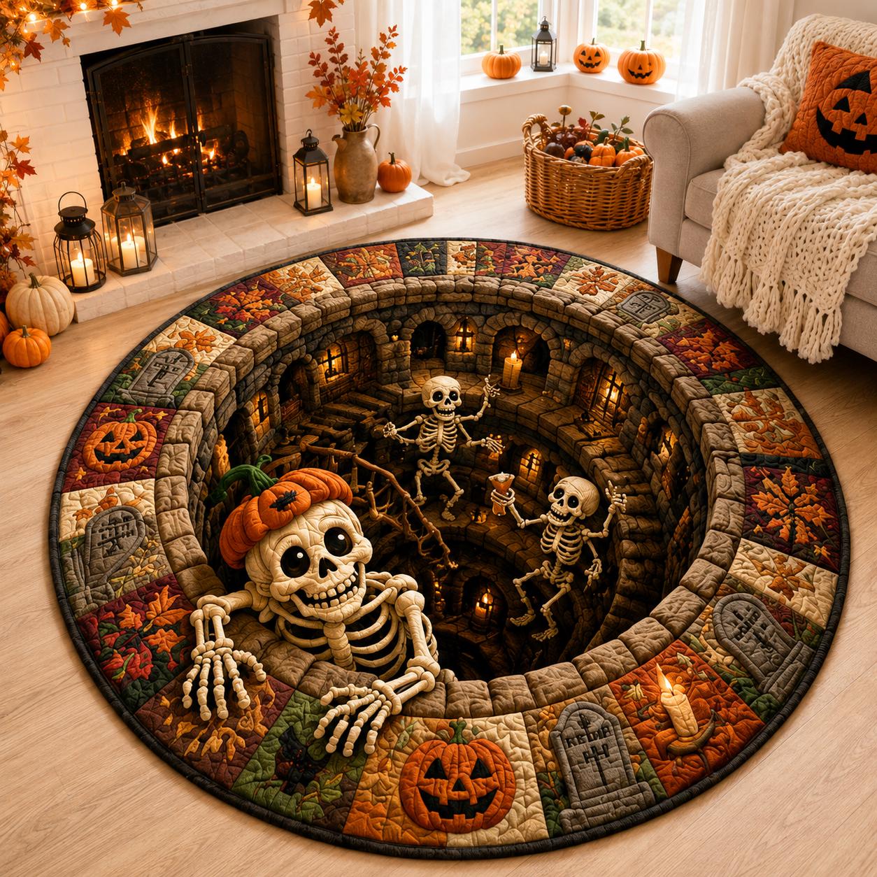 3D Illusion Pumpkin Skeleton Halloween Round Rug, Spooky Haunted Graveyard Cemetery Floor Mat and Home Decor - photo 6