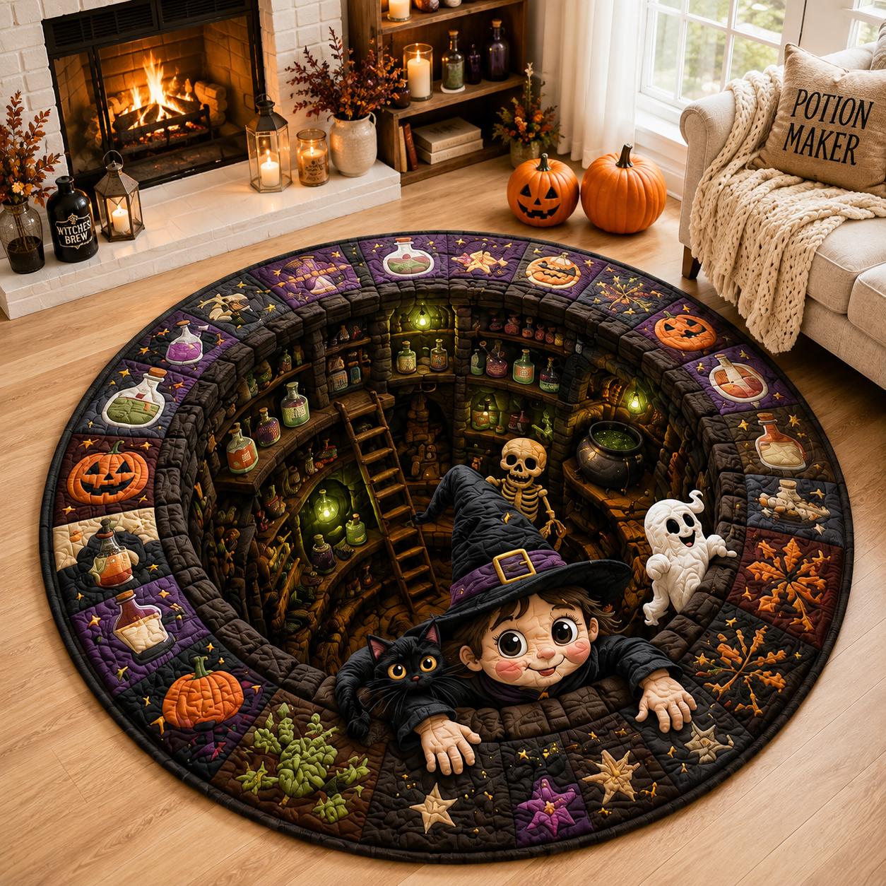 3D Illusion Quilted Witch and Black Cat Halloween Round Rug, Spooky Potion Cauldron Floor Mat Home Decor