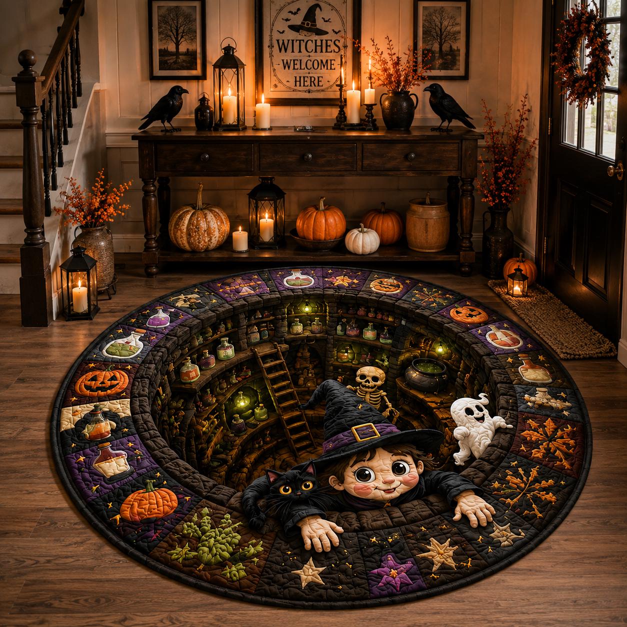 3D Illusion Quilted Witch and Black Cat Halloween Round Rug, Spooky Potion Cauldron Floor Mat Home Decor - photo 2