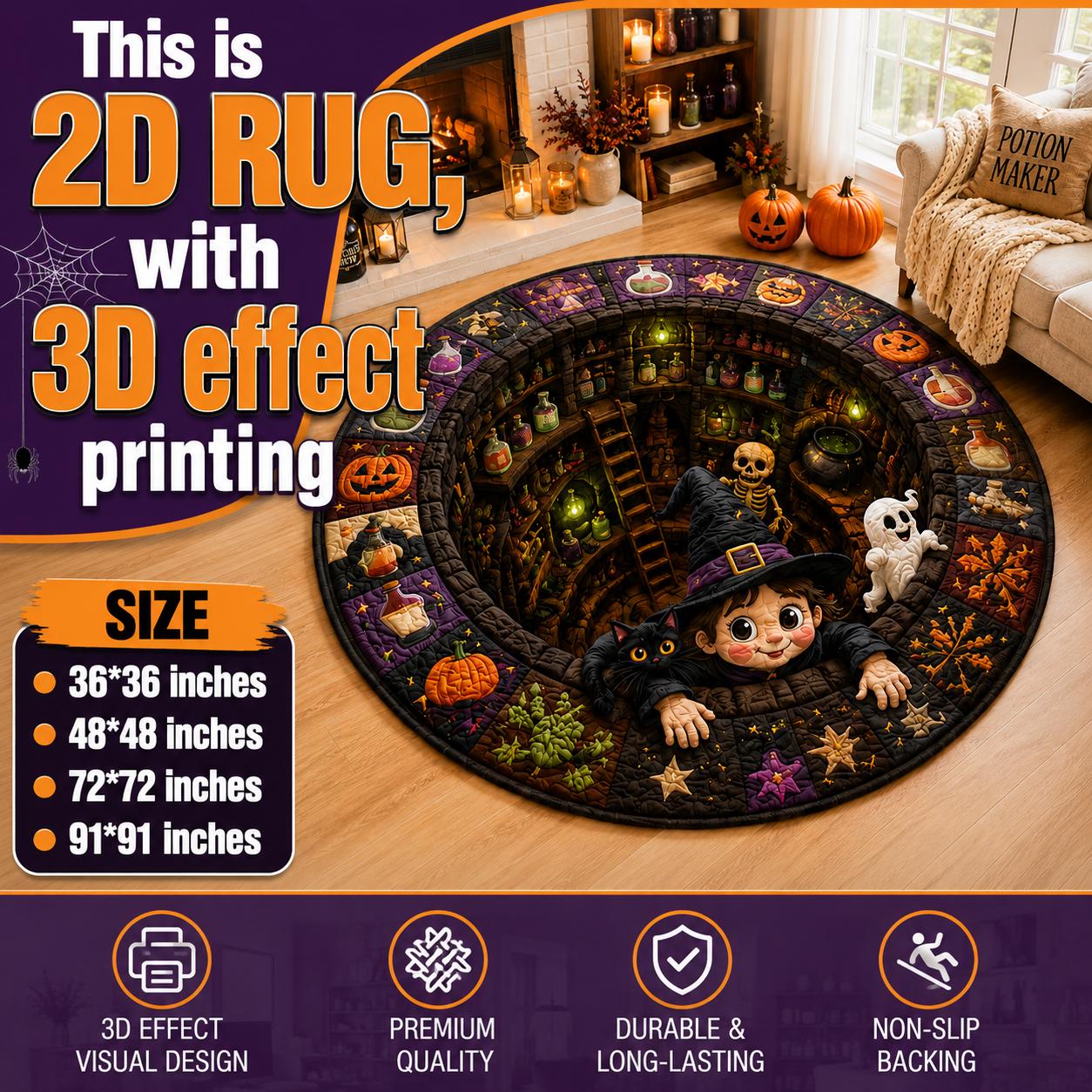 3D Illusion Quilted Witch and Black Cat Halloween Round Rug, Spooky Potion Cauldron Floor Mat Home Decor - photo 3