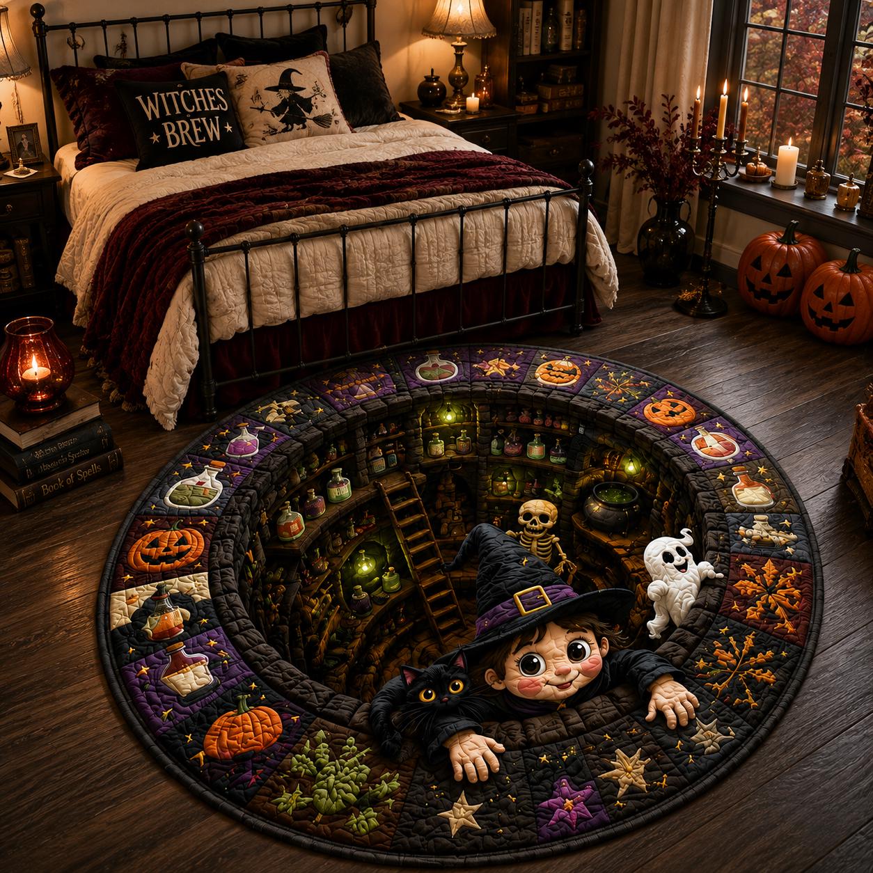 3D Illusion Quilted Witch and Black Cat Halloween Round Rug, Spooky Potion Cauldron Floor Mat Home Decor - photo 4