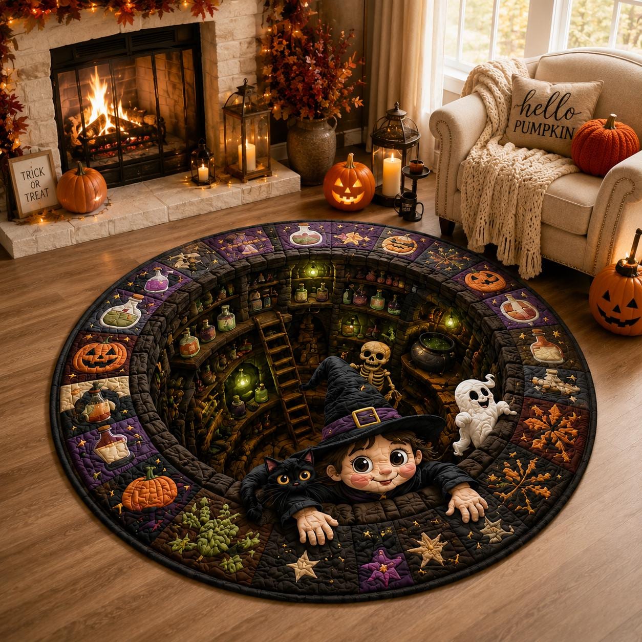 3D Illusion Quilted Witch and Black Cat Halloween Round Rug, Spooky Potion Cauldron Floor Mat Home Decor - photo 5