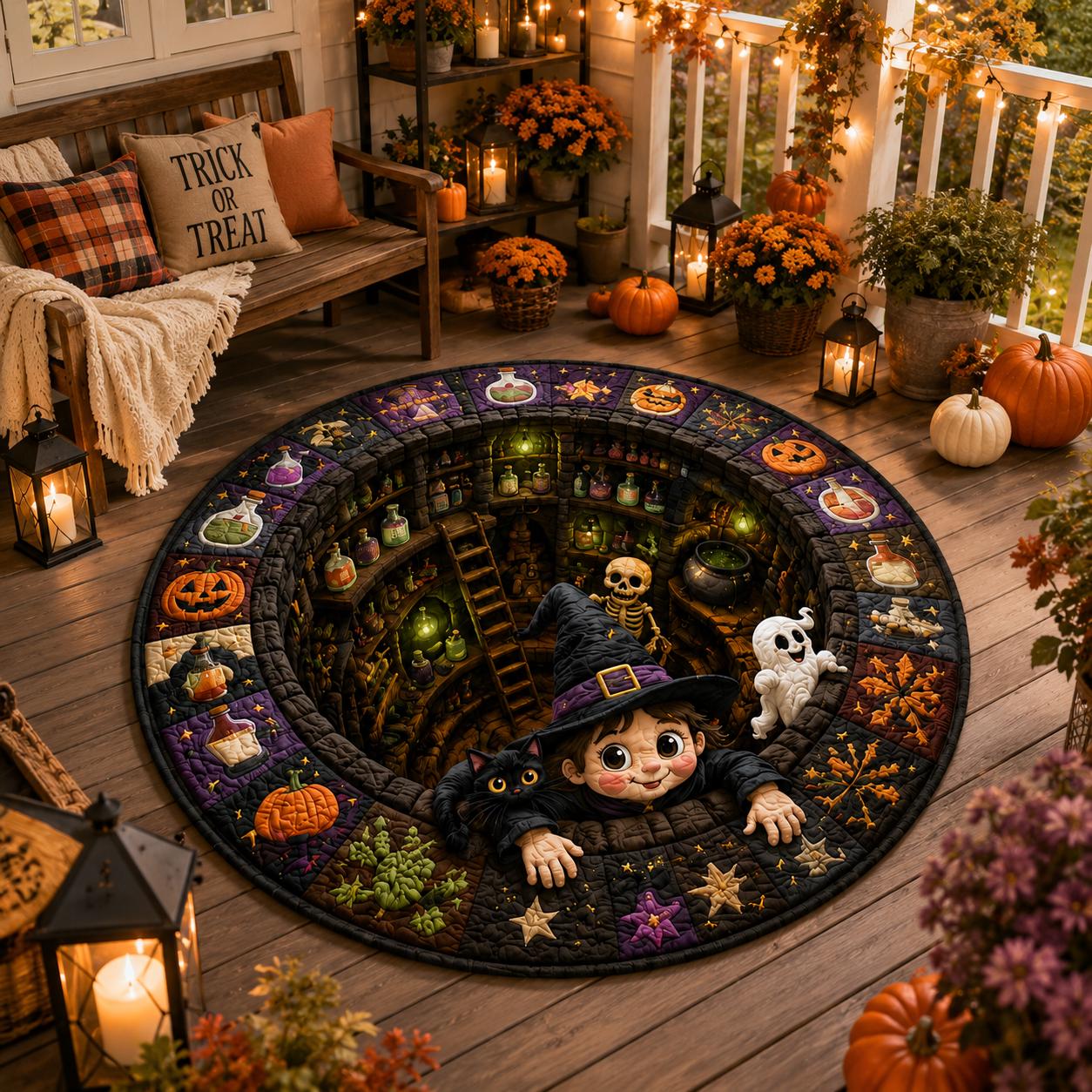 3D Illusion Quilted Witch and Black Cat Halloween Round Rug, Spooky Potion Cauldron Floor Mat Home Decor - photo 6
