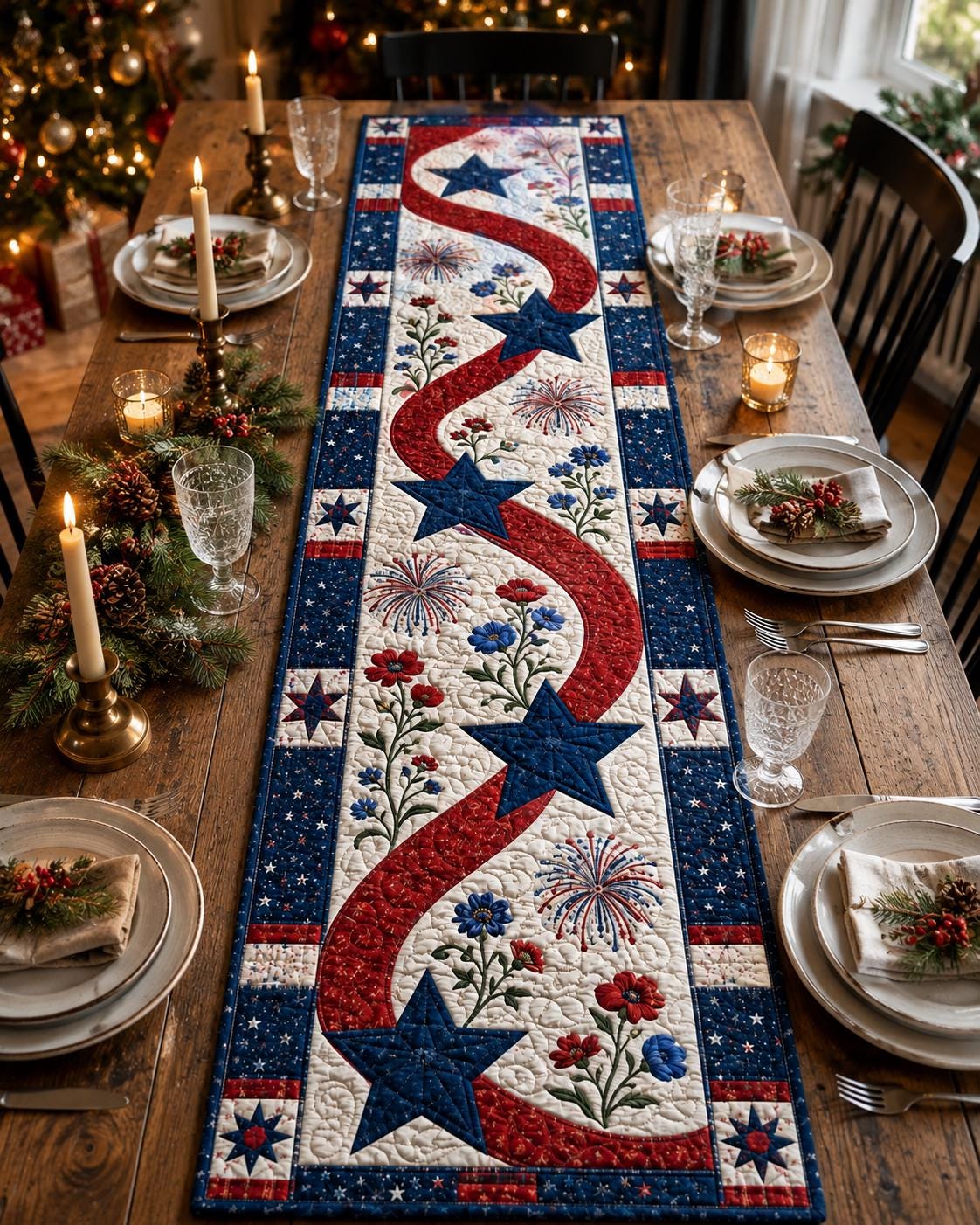 Patriotic Table Runner with Quilt Style for Red White Blue Star Runner Americana Table Decor and Memorial Day Dining Decor