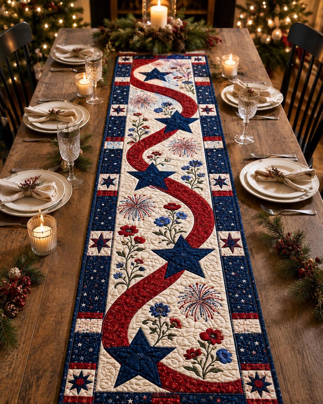 Patriotic Table Runner with Quilt Style for Red White Blue Star Runner Americana Table Decor and Memorial Day Dining Decor - photo 2