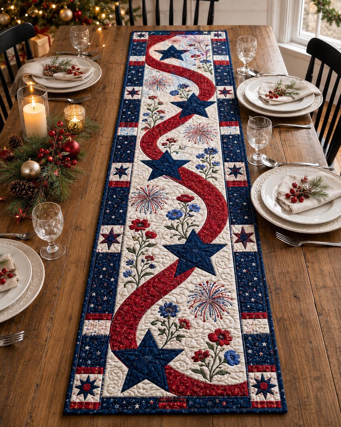 Patriotic Table Runner with Quilt Style for Red White Blue Star Runner Americana Table Decor and Memorial Day Dining Decor - photo 4