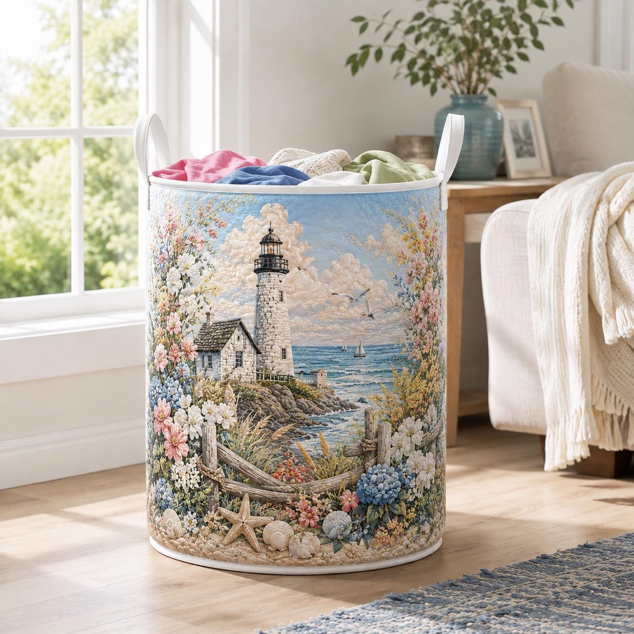 Coastal Lighthouse Storage Basket with Quilted Style for Nautical Laundry Hamper Beach House Decor and Ocean Lover Gift