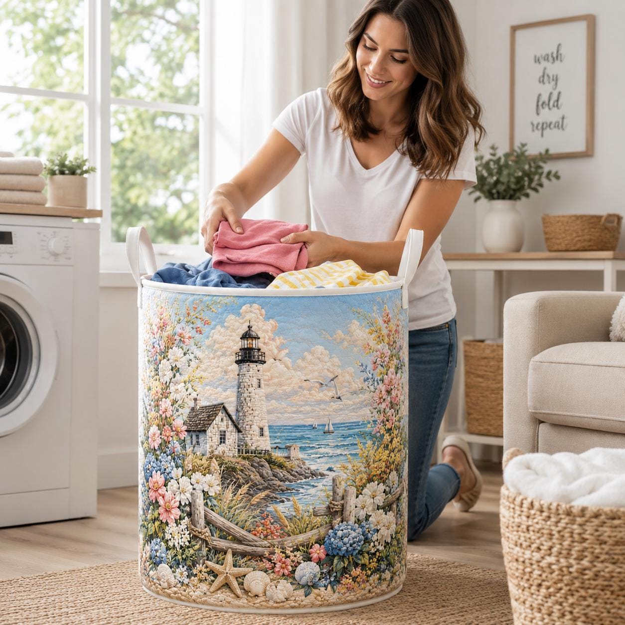 Coastal Lighthouse Storage Basket with Quilted Style for Nautical Laundry Hamper Beach House Decor and Ocean Lover Gift - photo 3