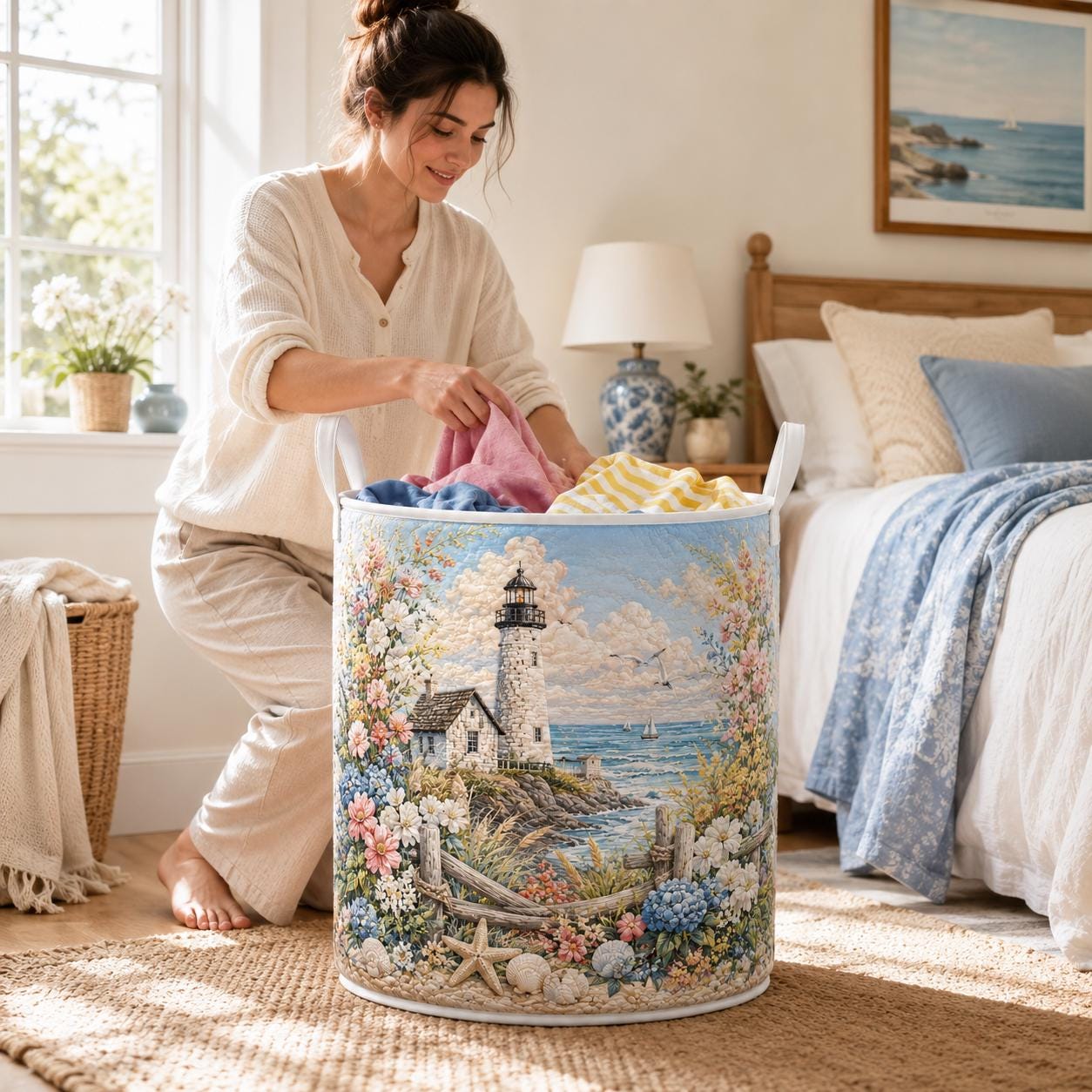 Coastal Lighthouse Storage Basket with Quilted Style for Nautical Laundry Hamper Beach House Decor and Ocean Lover Gift - photo 4