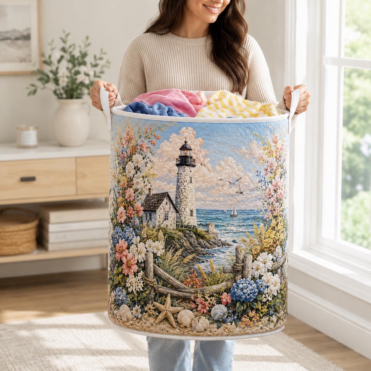 Coastal Lighthouse Storage Basket with Quilted Style for Nautical Laundry Hamper Beach House Decor and Ocean Lover Gift - photo 5