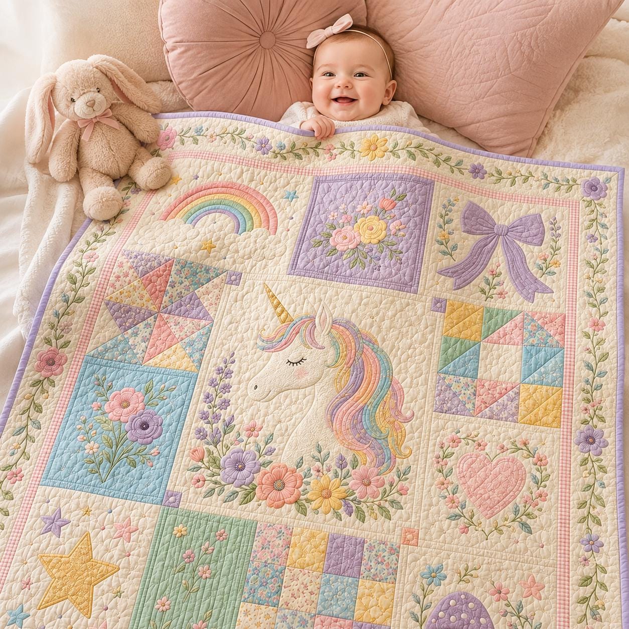 Unicorn Blanket with Quilted Style for Girls Rainbow Floral Kids Room Decor Pastel Nursery Gift and Magical Unicorn Throw Blanket