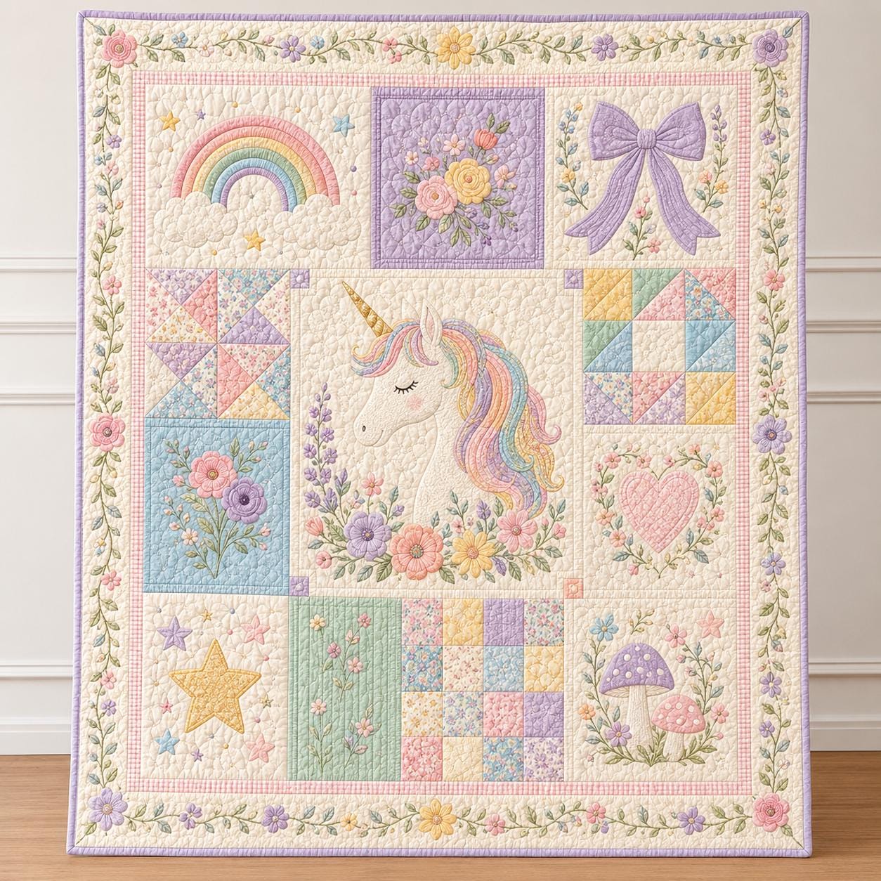 Unicorn Blanket with Quilted Style for Girls Rainbow Floral Kids Room Decor Pastel Nursery Gift and Magical Unicorn Throw Blanket - photo 2