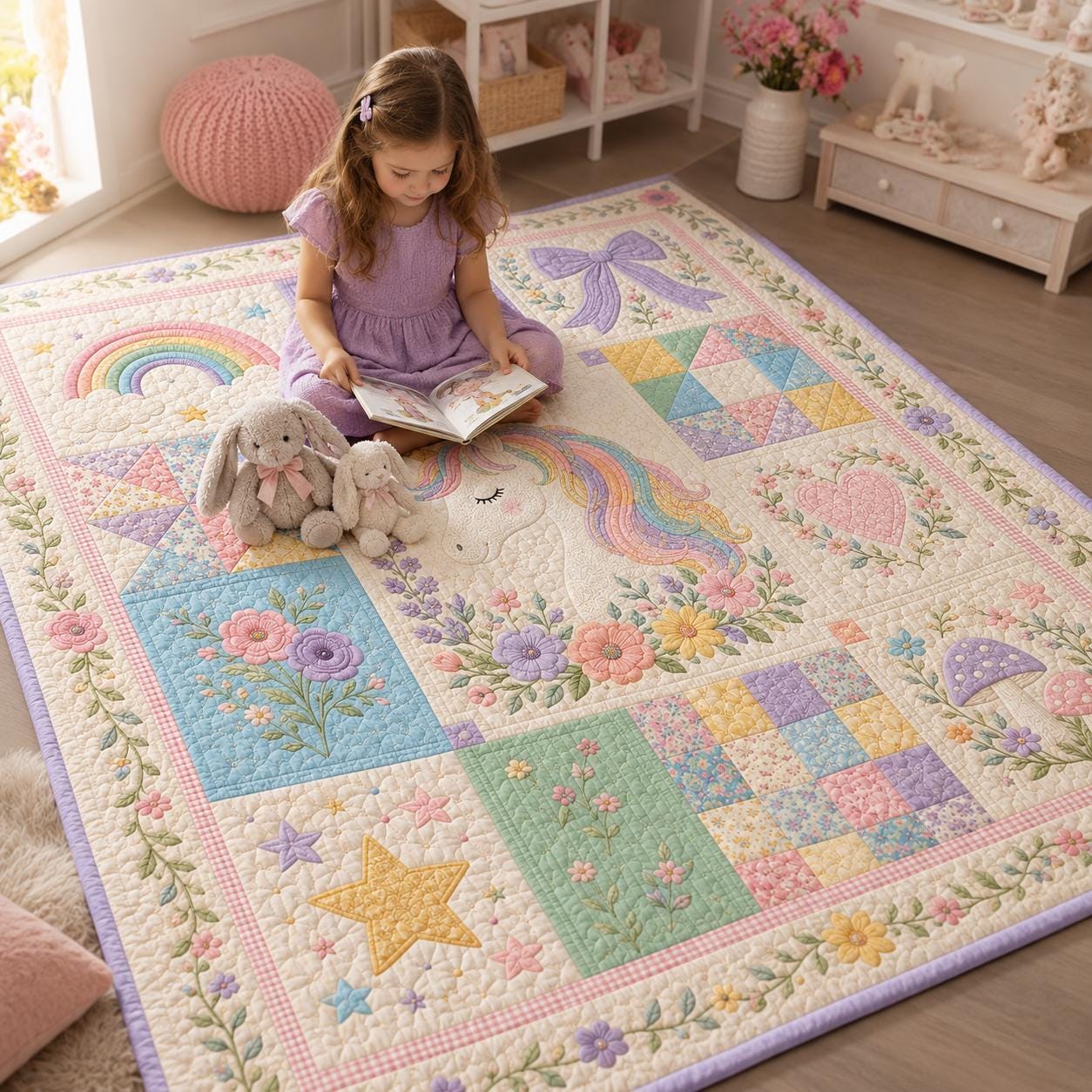 Unicorn Blanket with Quilted Style for Girls Rainbow Floral Kids Room Decor Pastel Nursery Gift and Magical Unicorn Throw Blanket - photo 5