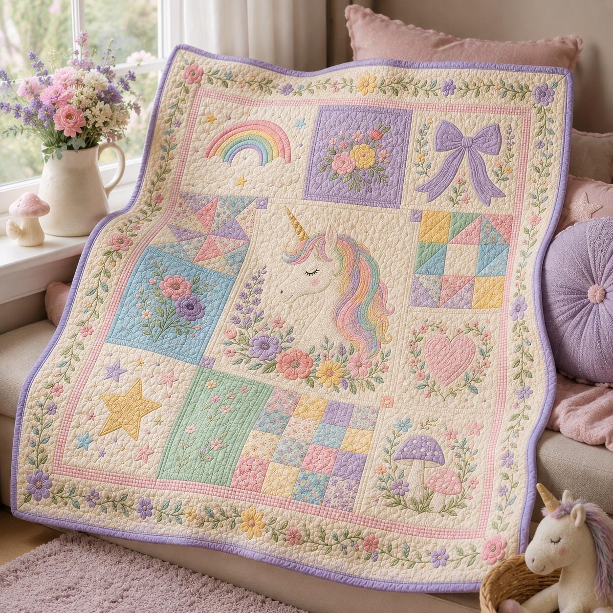 Unicorn Blanket with Quilted Style for Girls Rainbow Floral Kids Room Decor Pastel Nursery Gift and Magical Unicorn Throw Blanket - photo 6