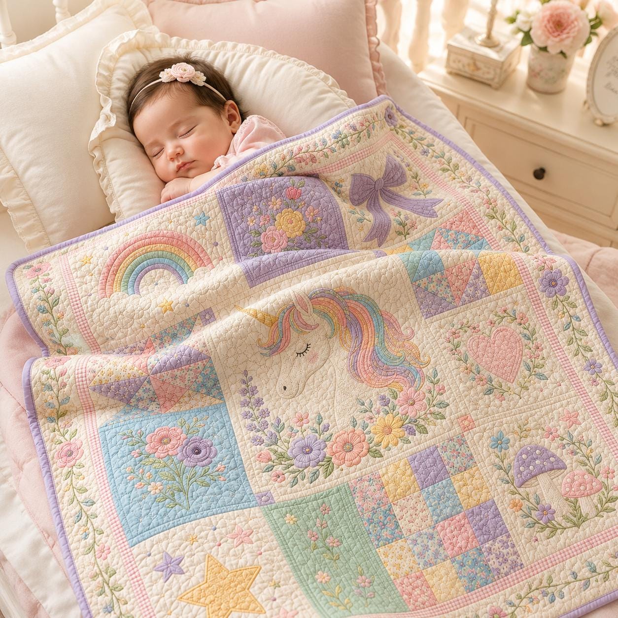 Unicorn Blanket with Quilted Style for Girls Rainbow Floral Kids Room Decor Pastel Nursery Gift and Magical Unicorn Throw Blanket - photo 7