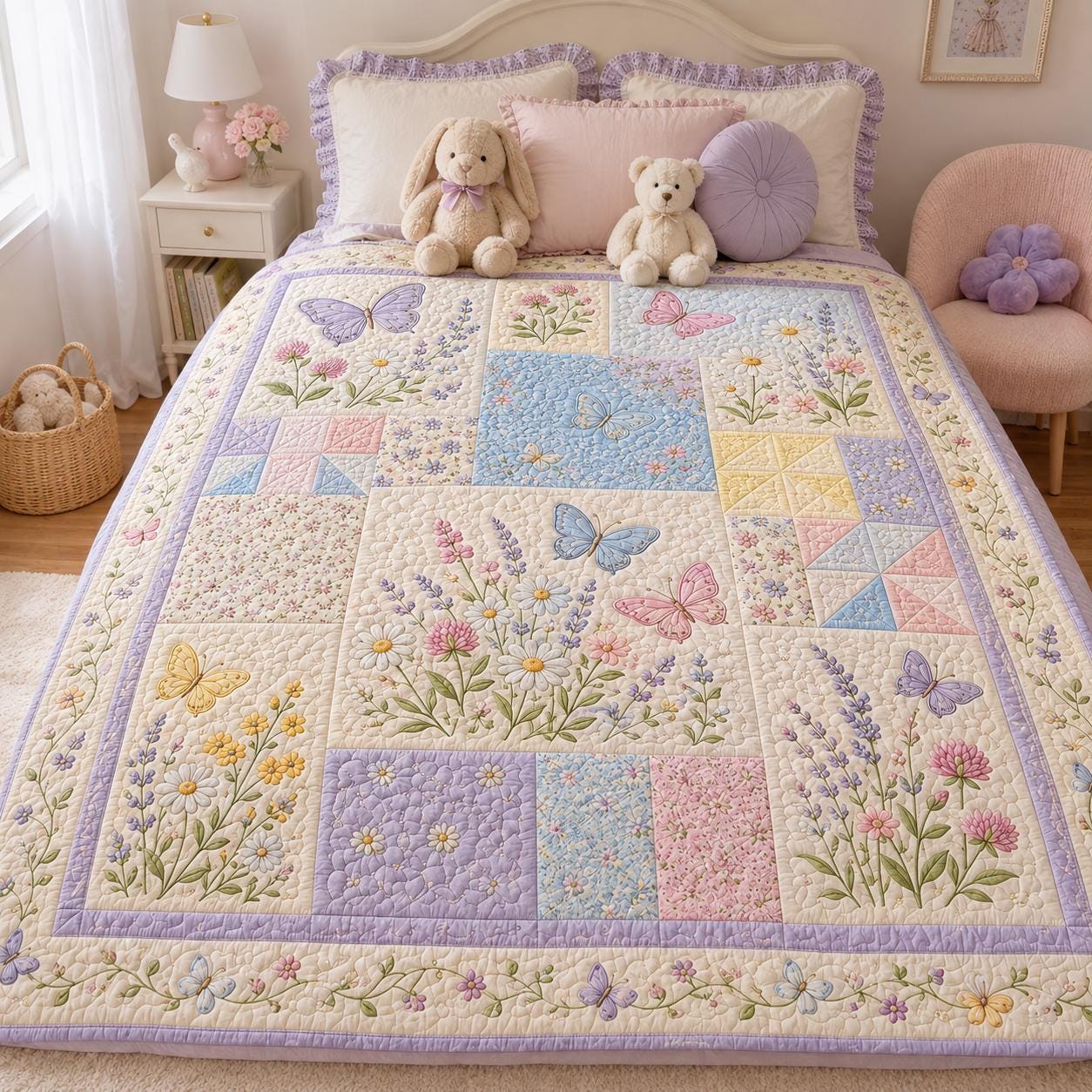 Butterfly Blanket with Quilted Style for Girls Floral Throw Blanket Pastel Room Decor Cottagecore Nursery Gift and Spring Bedroom Decor