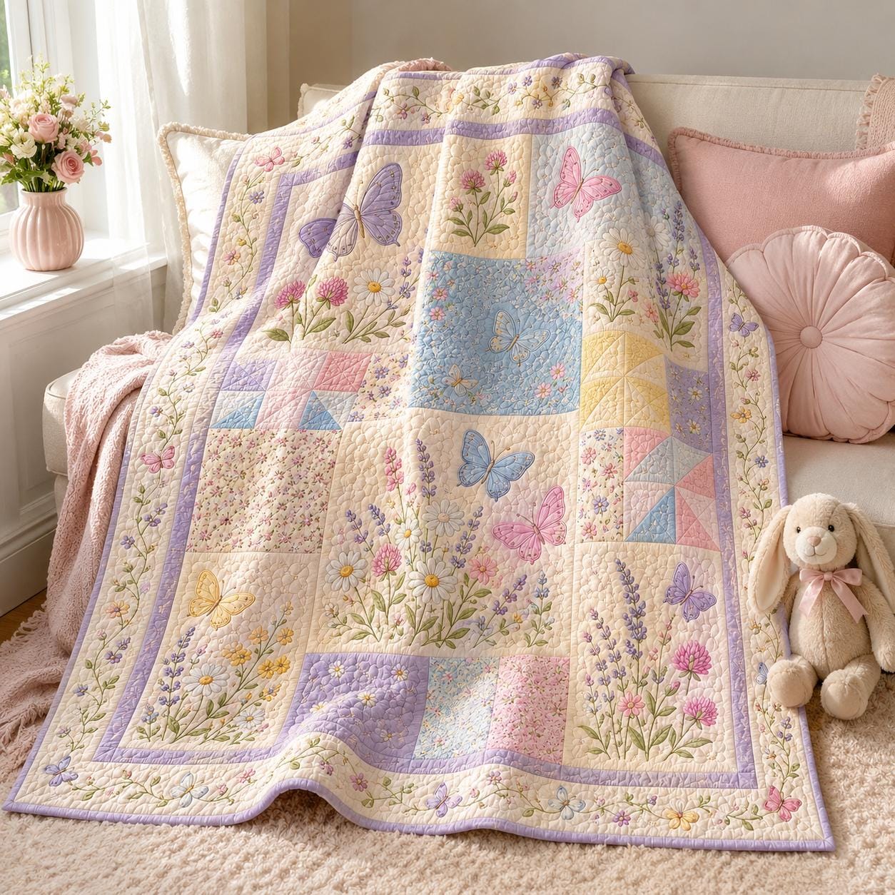 Butterfly Blanket with Quilted Style for Girls Floral Throw Blanket Pastel Room Decor Cottagecore Nursery Gift and Spring Bedroom Decor - photo 5