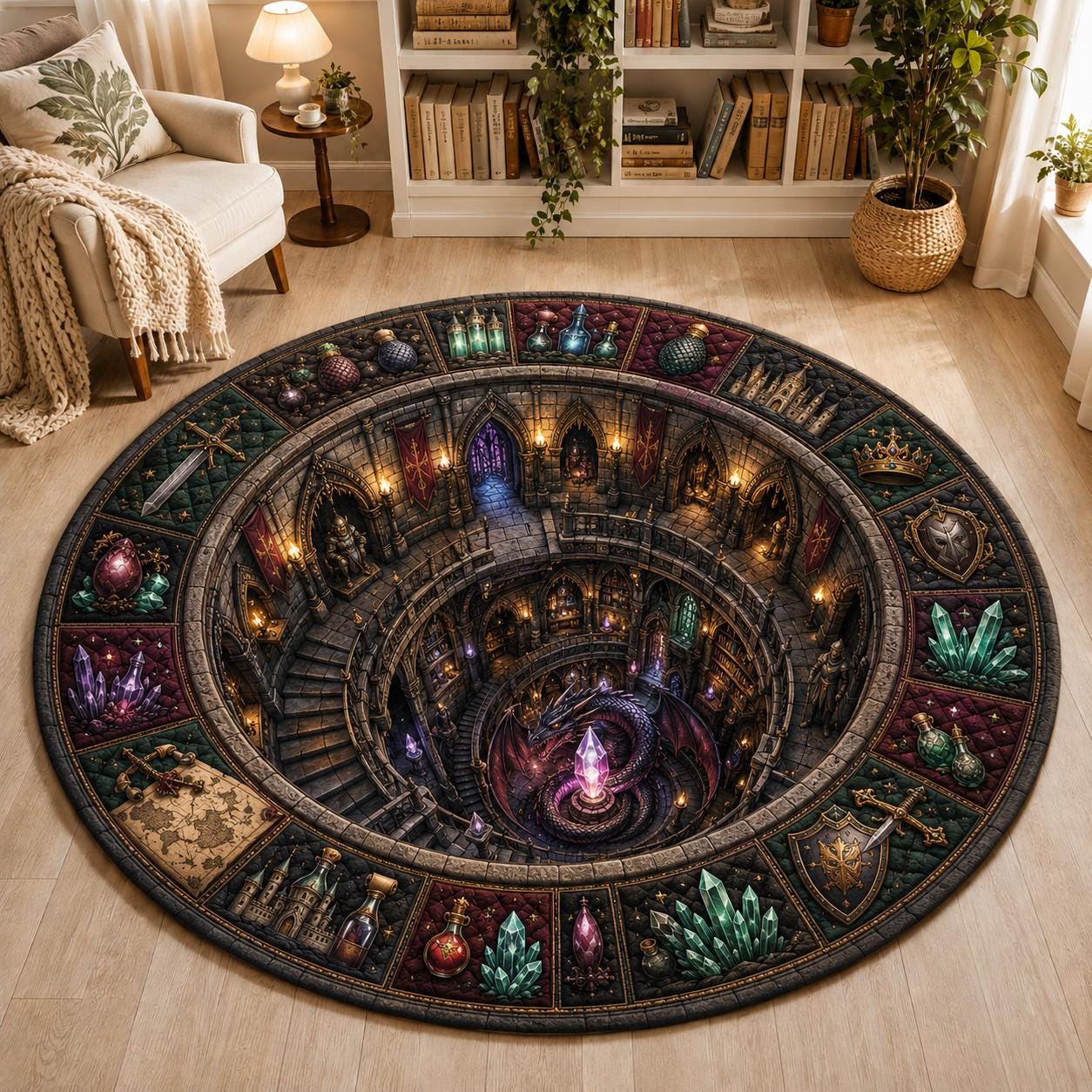 Dragon Lair Fantasy Round Rug with 3D Illusion for Castle Dungeon Floor Mat Medieval Magic and Gothic Gamer Room Decor