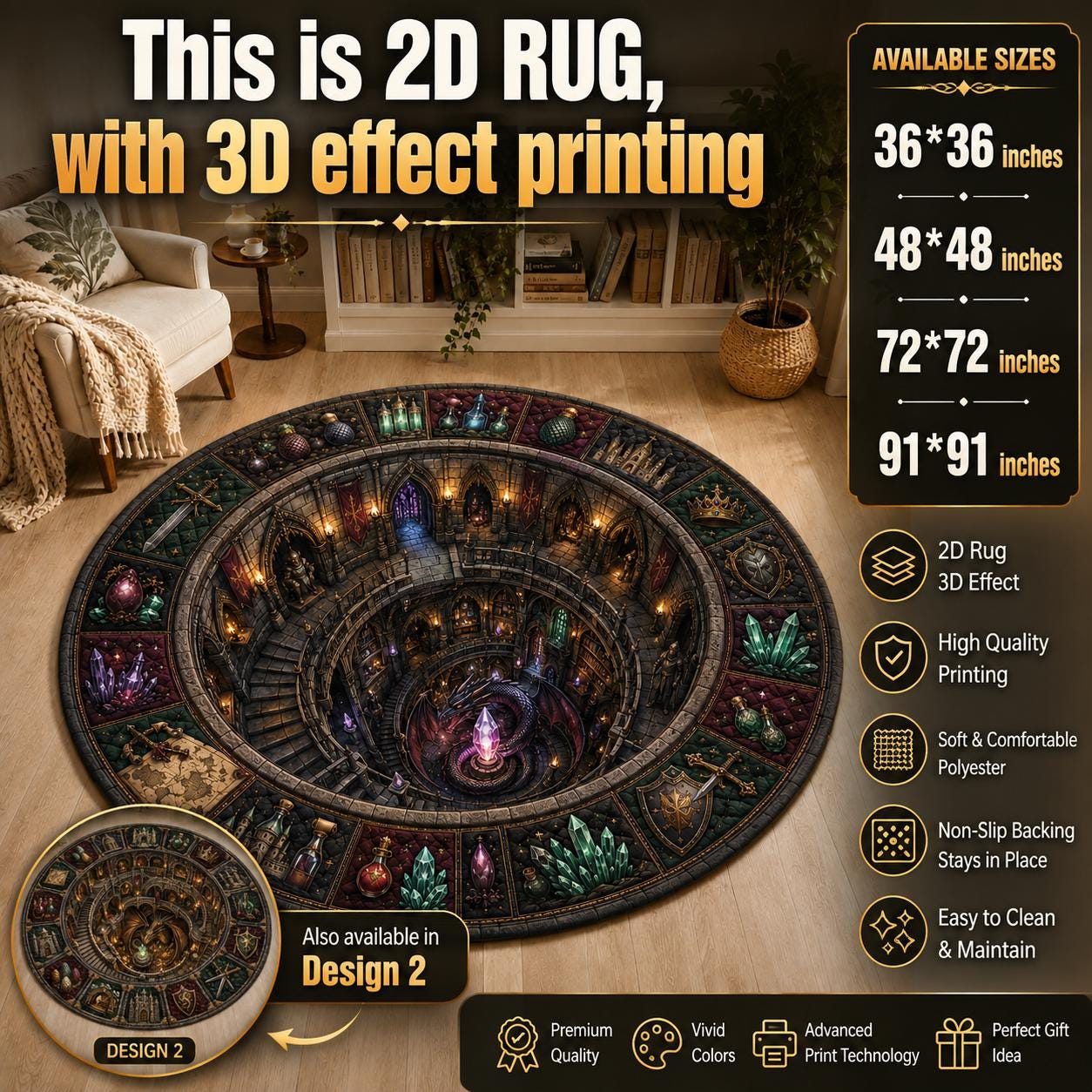 Dragon Lair Fantasy Round Rug with 3D Illusion for Castle Dungeon Floor Mat Medieval Magic and Gothic Gamer Room Decor - photo 2