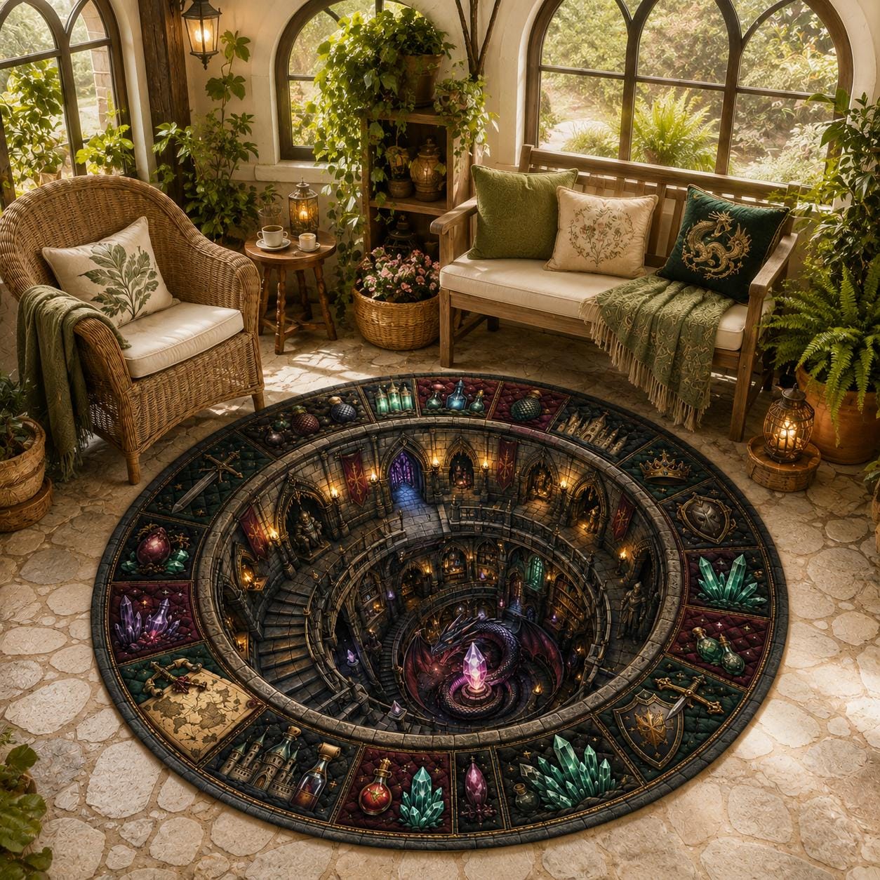 Dragon Lair Fantasy Round Rug with 3D Illusion for Castle Dungeon Floor Mat Medieval Magic and Gothic Gamer Room Decor - photo 5