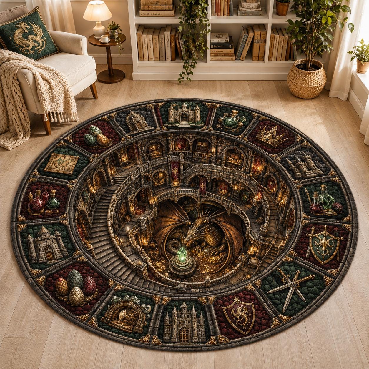 Dragon Lair Fantasy Round Rug with 3D Illusion for Castle Dungeon Floor Mat Medieval Magic and Gothic Gamer Room Decor - photo 6