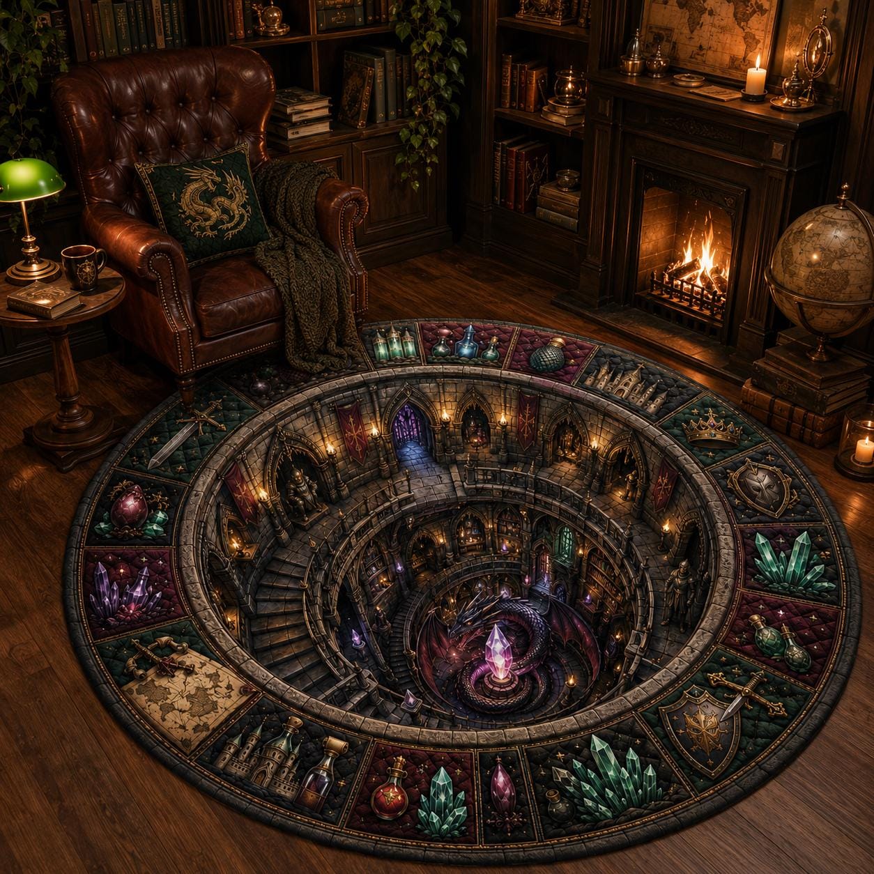 Dragon Lair Fantasy Round Rug with 3D Illusion for Castle Dungeon Floor Mat Medieval Magic and Gothic Gamer Room Decor - photo 7