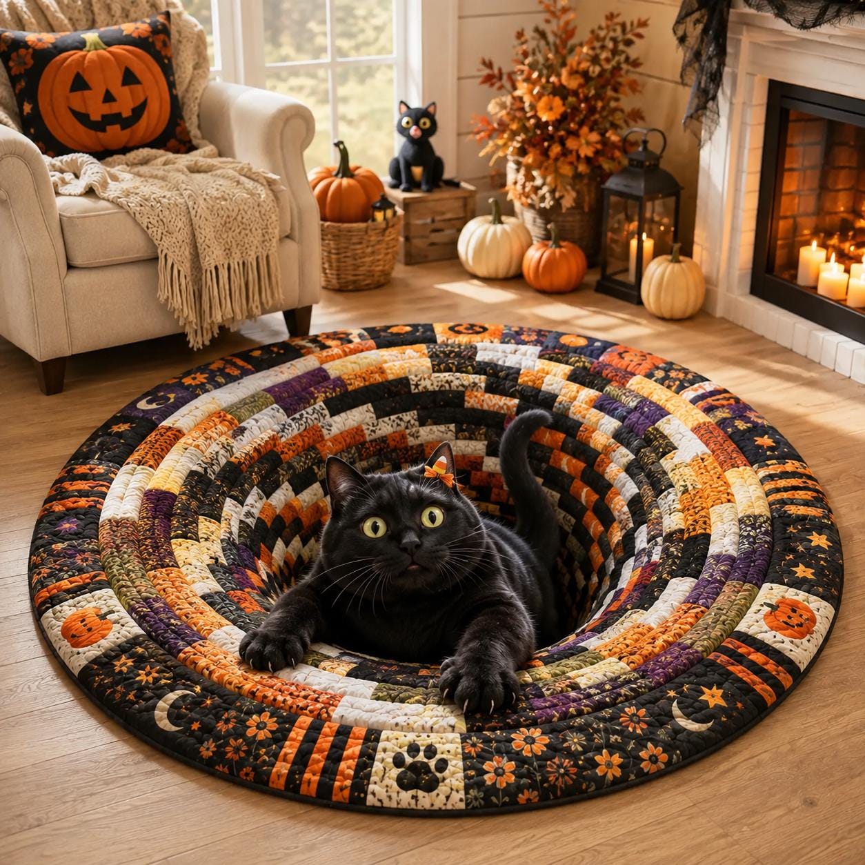 Black Cat Halloween Round Rug with Quilted Style for 3D Illusion Cat Hole Spooky Floor Mat Pumpkin Decor and Black Cat Lover Gift