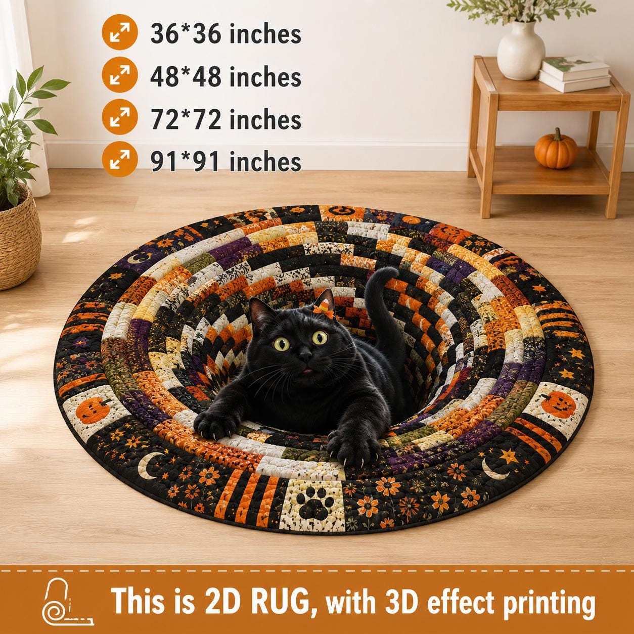 Black Cat Halloween Round Rug with Quilted Style for 3D Illusion Cat Hole Spooky Floor Mat Pumpkin Decor and Black Cat Lover Gift - photo 2