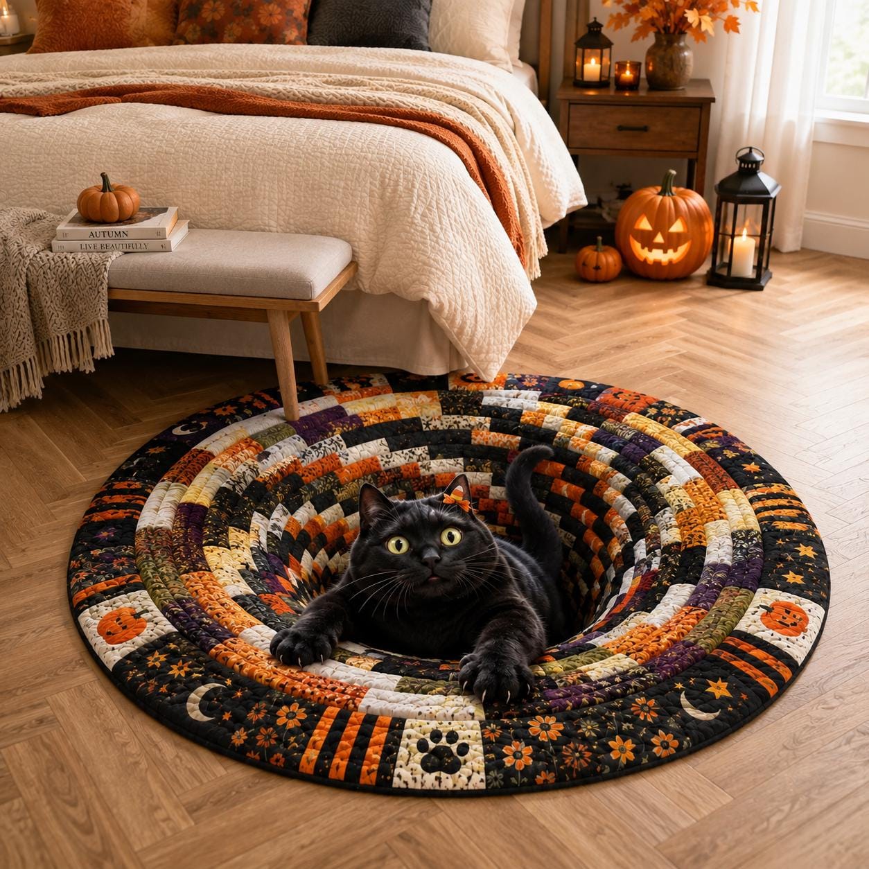 Black Cat Halloween Round Rug with Quilted Style for 3D Illusion Cat Hole Spooky Floor Mat Pumpkin Decor and Black Cat Lover Gift - photo 3