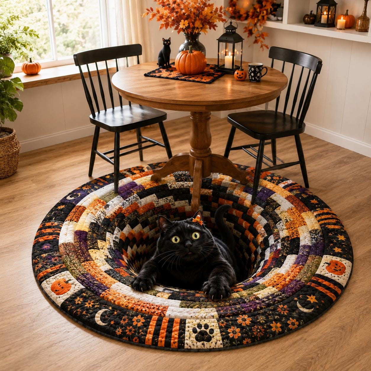 Black Cat Halloween Round Rug with Quilted Style for 3D Illusion Cat Hole Spooky Floor Mat Pumpkin Decor and Black Cat Lover Gift - photo 4