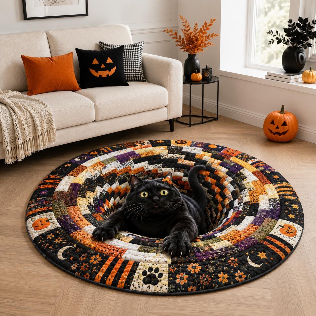 Black Cat Halloween Round Rug with Quilted Style for 3D Illusion Cat Hole Spooky Floor Mat Pumpkin Decor and Black Cat Lover Gift - photo 5