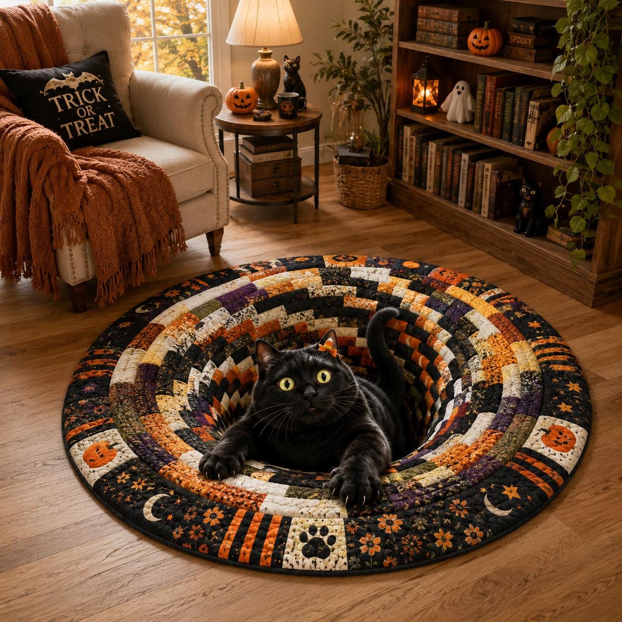 Black Cat Halloween Round Rug with Quilted Style for 3D Illusion Cat Hole Spooky Floor Mat Pumpkin Decor and Black Cat Lover Gift - photo 6
