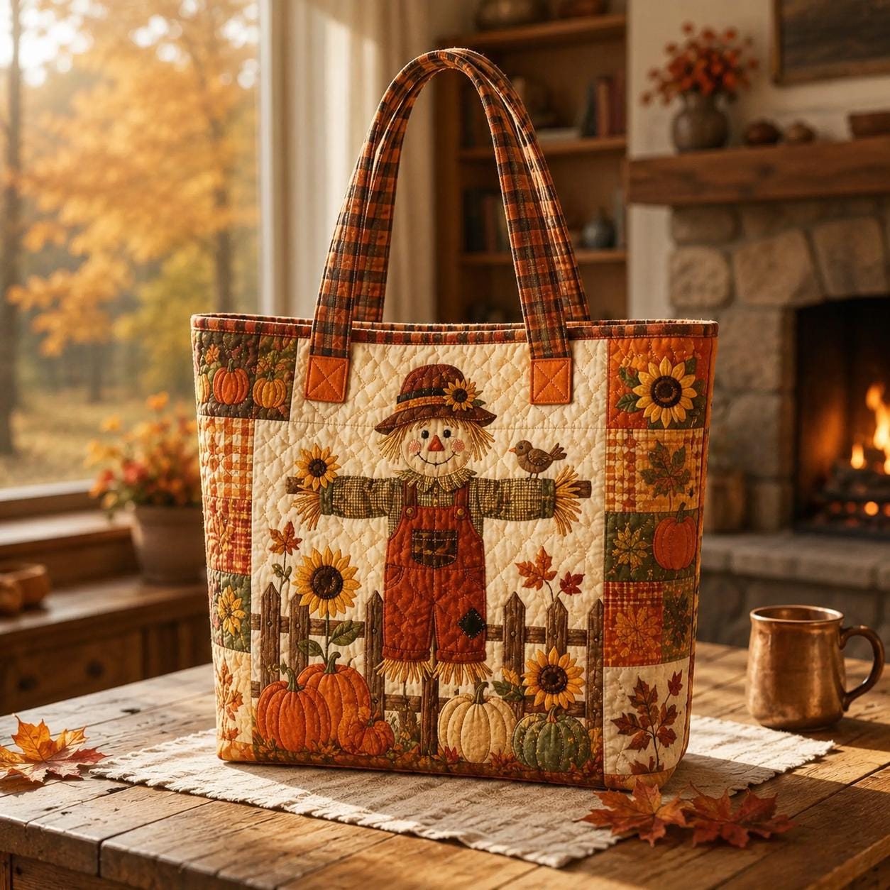 Fall Harvest Tote Bag with Quilted Style for Pumpkin Mushroom Sunflower Turkey Autumn Market Bag and Thanksgiving Farmhouse Gift