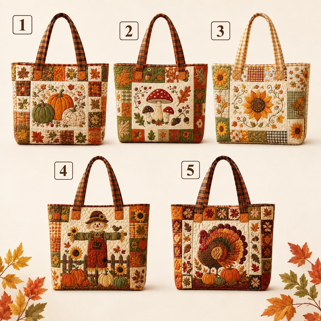 Fall Harvest Tote Bag with Quilted Style for Pumpkin Mushroom Sunflower Turkey Autumn Market Bag and Thanksgiving Farmhouse Gift - photo 3