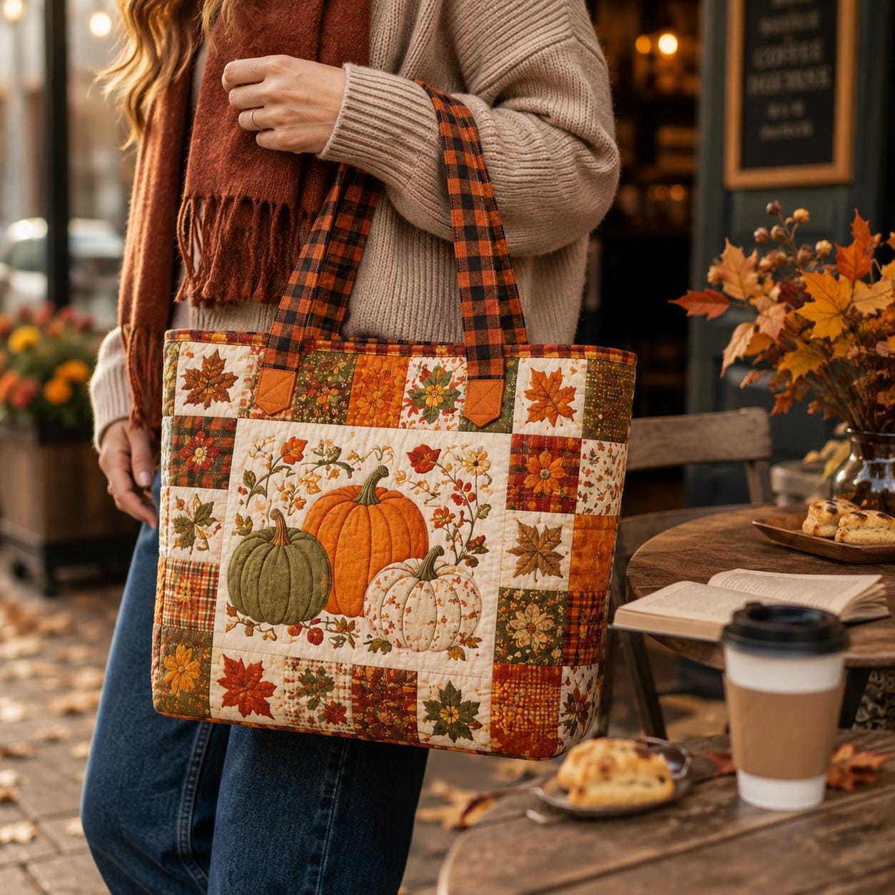 Fall Harvest Tote Bag with Quilted Style for Pumpkin Mushroom Sunflower Turkey Autumn Market Bag and Thanksgiving Farmhouse Gift - photo 5