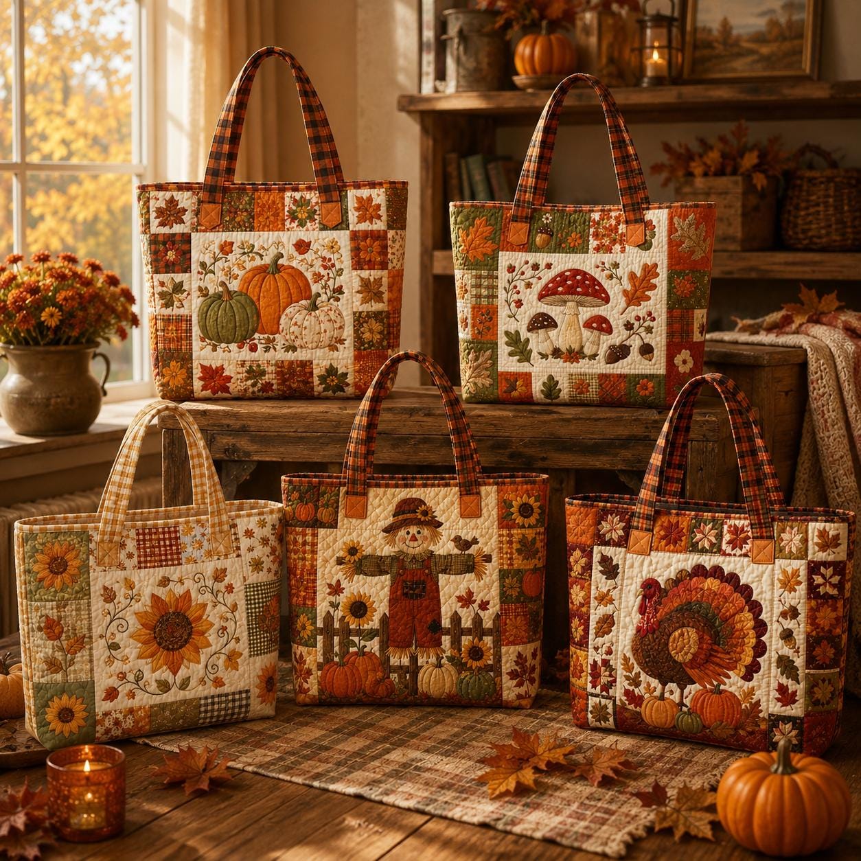 Fall Harvest Tote Bag with Quilted Style for Pumpkin Mushroom Sunflower Turkey Autumn Market Bag and Thanksgiving Farmhouse Gift - photo 7