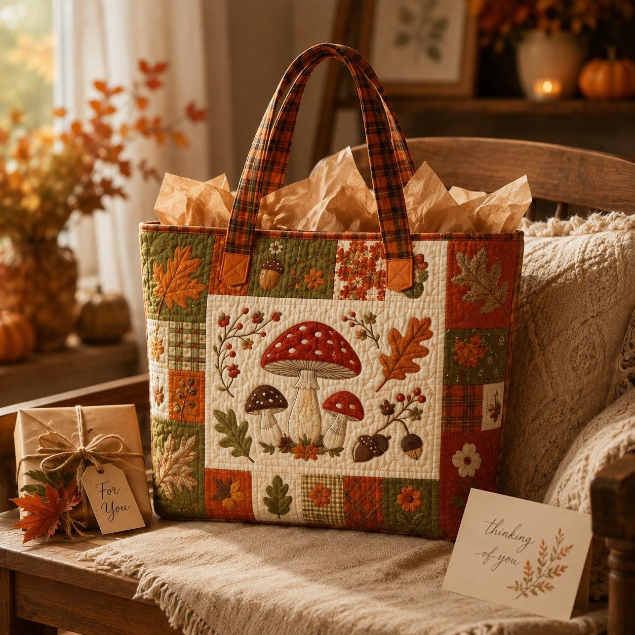 Fall Harvest Tote Bag with Quilted Style for Pumpkin Mushroom Sunflower Turkey Autumn Market Bag and Thanksgiving Farmhouse Gift - photo 9
