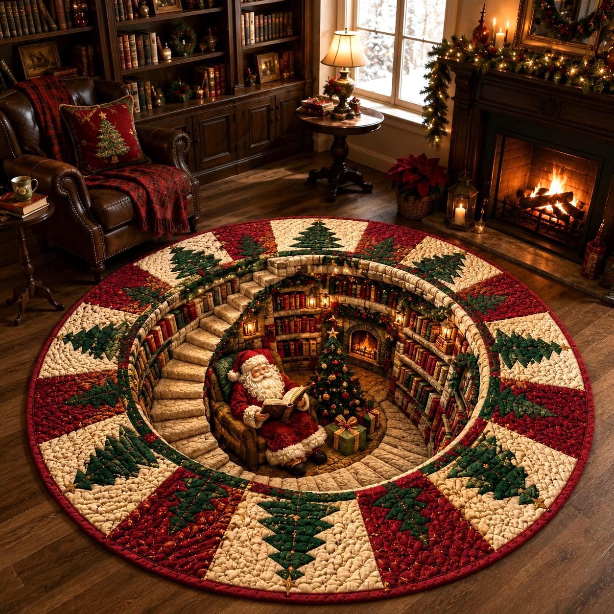 Christmas Santa Round Rug with Quilted Style for 3D Illusion Santa Library Rug Reading Nook Floor Mat and Cozy Holiday Home Decor