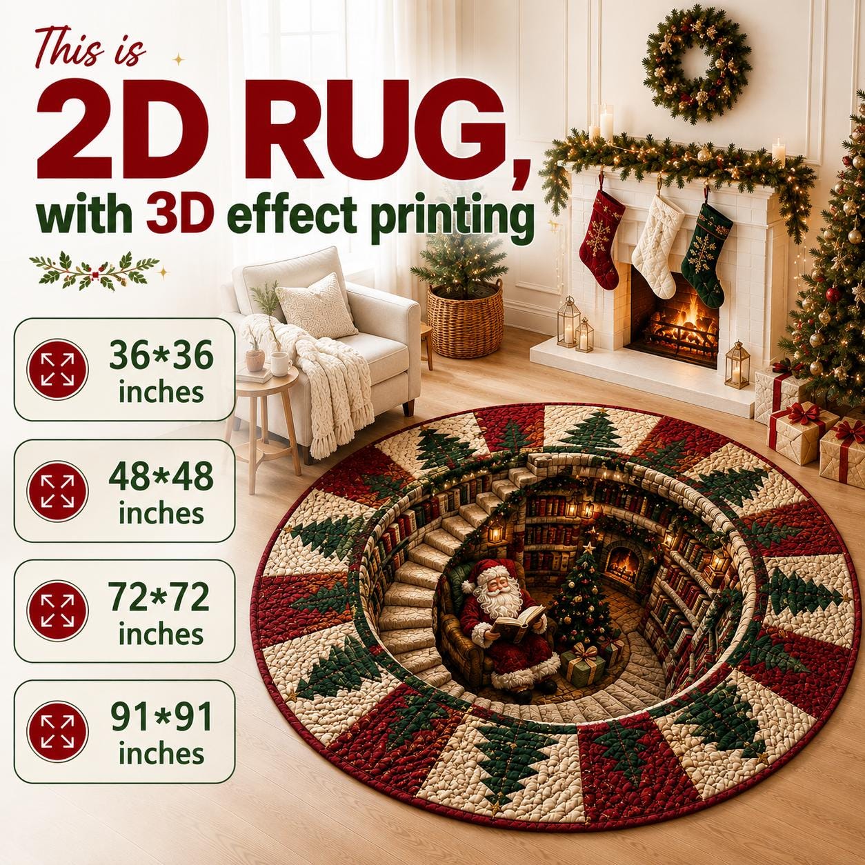 Christmas Santa Round Rug with Quilted Style for 3D Illusion Santa Library Rug Reading Nook Floor Mat and Cozy Holiday Home Decor - photo 2