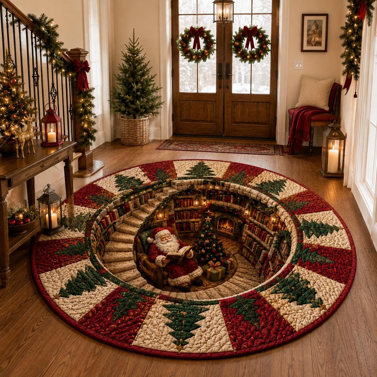 Christmas Santa Round Rug with Quilted Style for 3D Illusion Santa Library Rug Reading Nook Floor Mat and Cozy Holiday Home Decor - photo 3