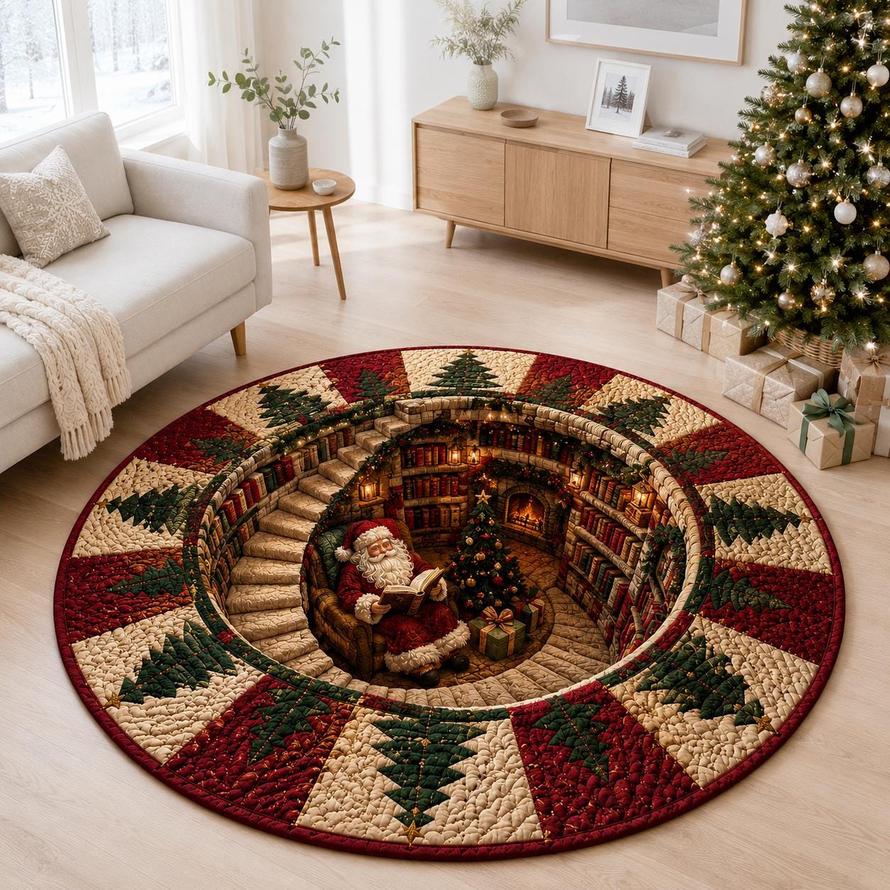 Christmas Santa Round Rug with Quilted Style for 3D Illusion Santa Library Rug Reading Nook Floor Mat and Cozy Holiday Home Decor - photo 4