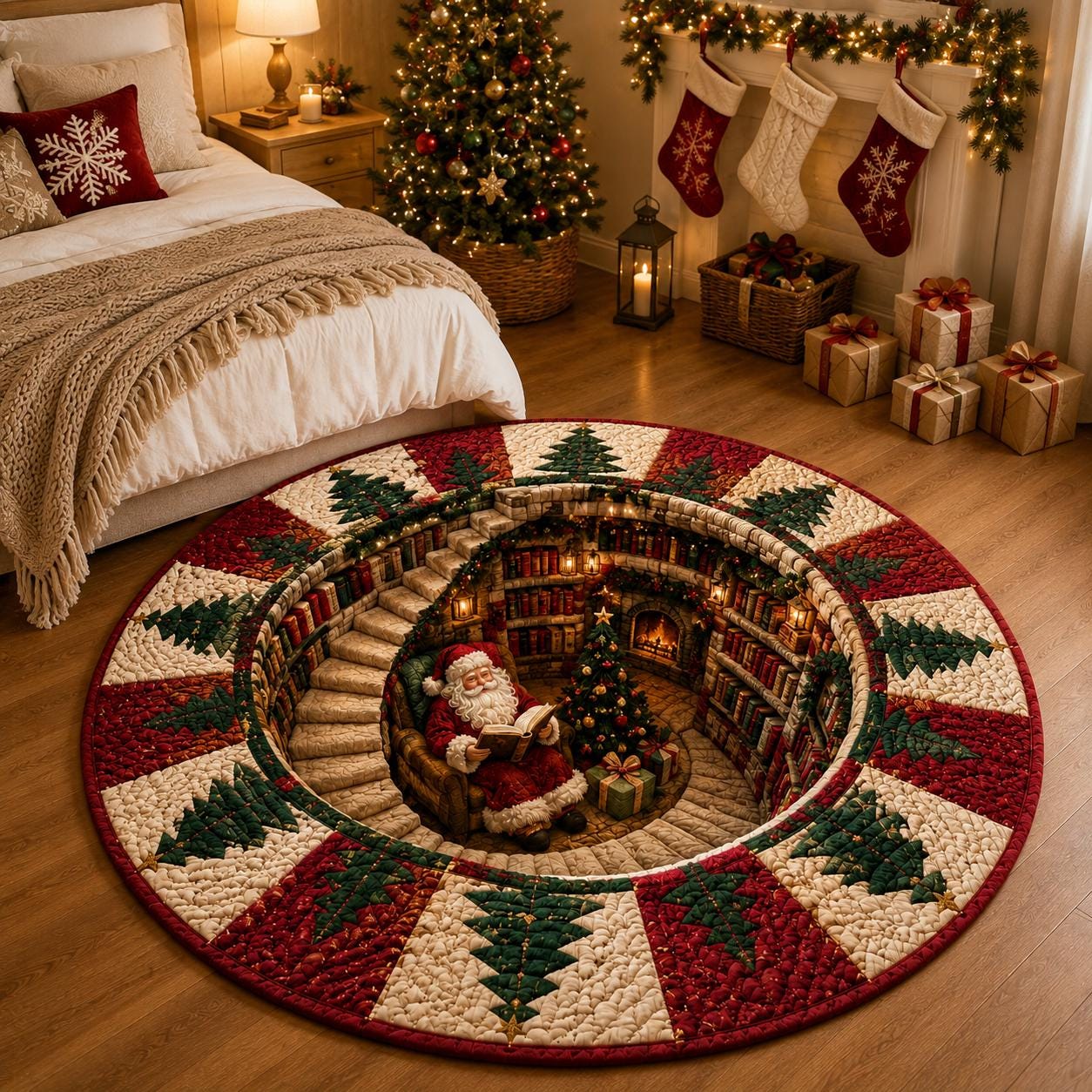 Christmas Santa Round Rug with Quilted Style for 3D Illusion Santa Library Rug Reading Nook Floor Mat and Cozy Holiday Home Decor - photo 5