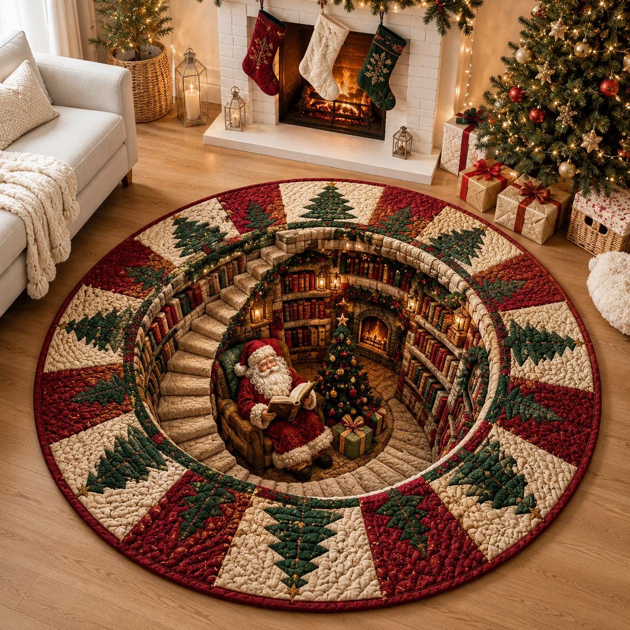 Christmas Santa Round Rug with Quilted Style for 3D Illusion Santa Library Rug Reading Nook Floor Mat and Cozy Holiday Home Decor - photo 6