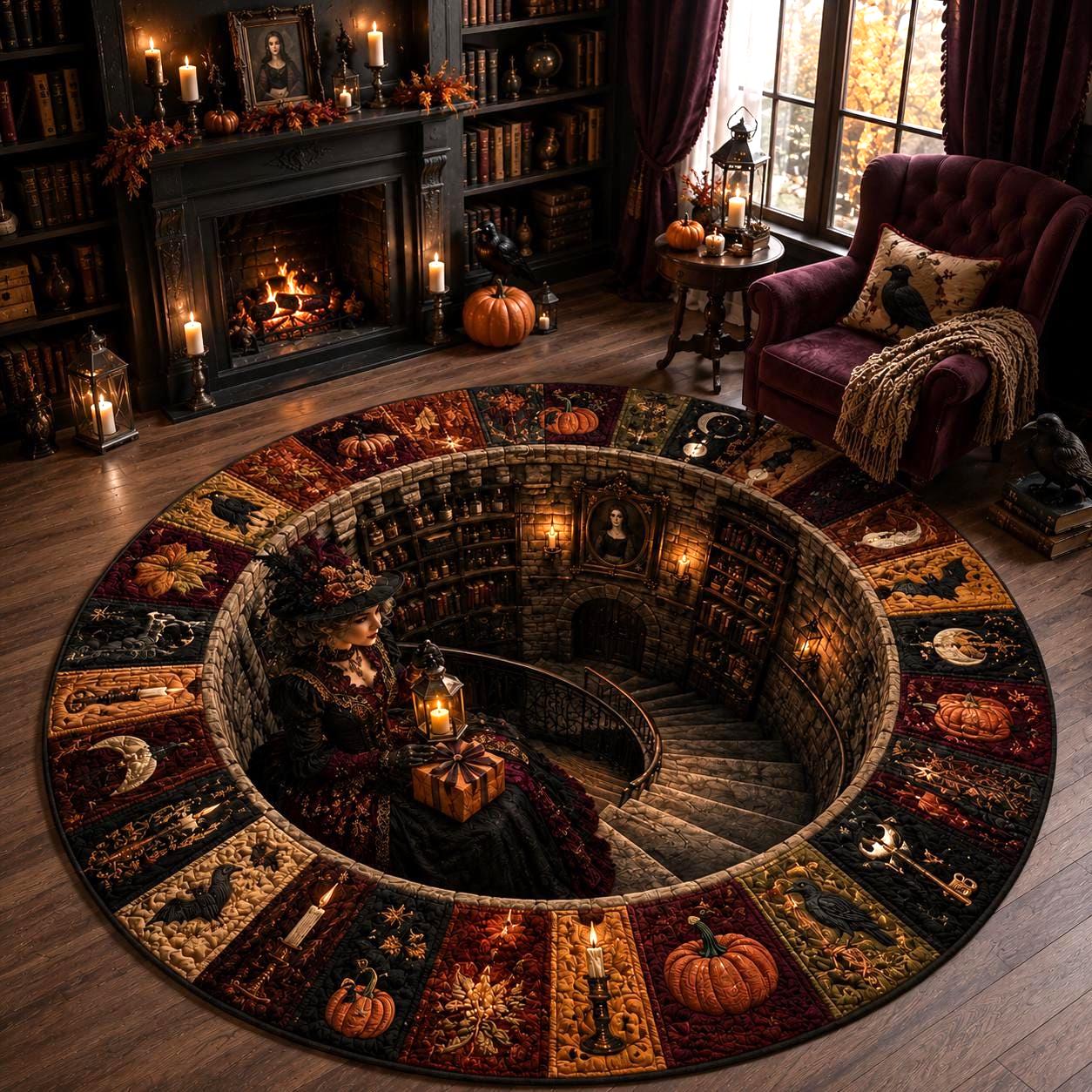 3D Illusion Victorian Gothic Witch Halloween Round Rug, Haunted Library Floor Mat for Dark Academia Decor